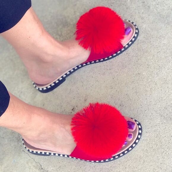 Restock! Summer Pom Pom Red Mule Slide Sandal - Picture 12 of 14